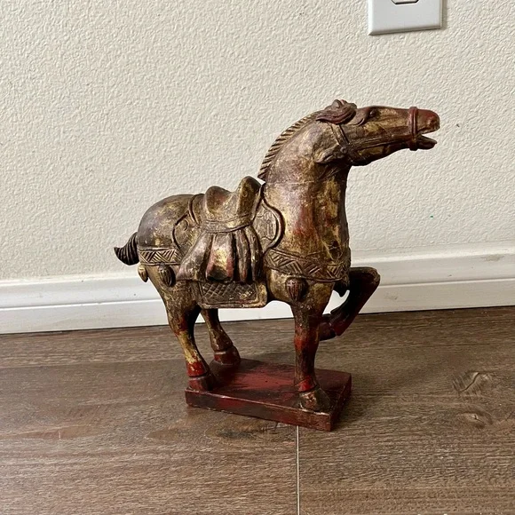 Vintage Hand Crafted Chinese Wooden Horse Statue